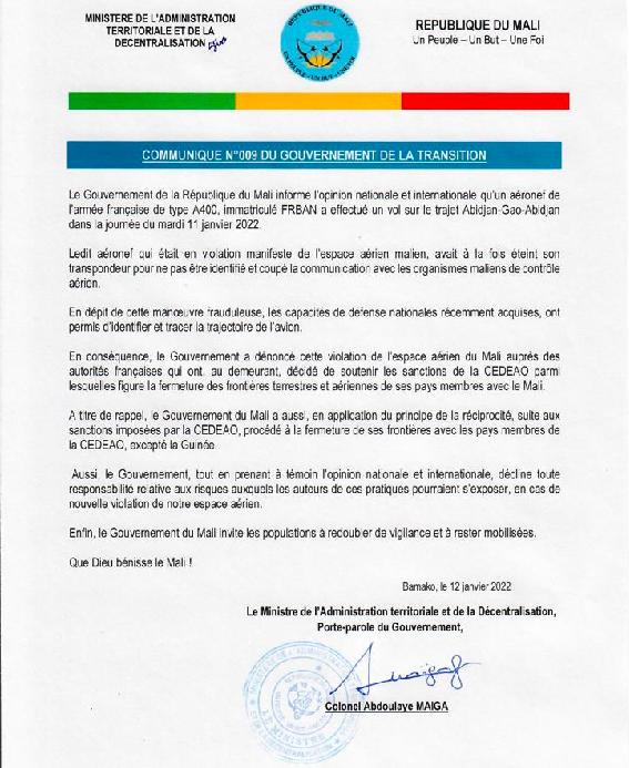 Les autorités maliennes accusent la France d'avoir violé son espace aérien 2 Communique Mali