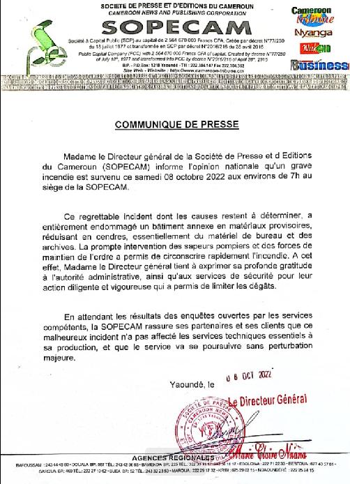 Cameroun- Incendie à la Sopecam: Voici la réaction de la direction générale 2 communique sopecam
