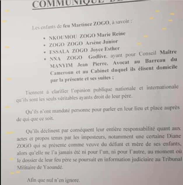 Diane Zogo, companion of Martinez Zogo: the family battle around the inheritance 2 Communique denying diane