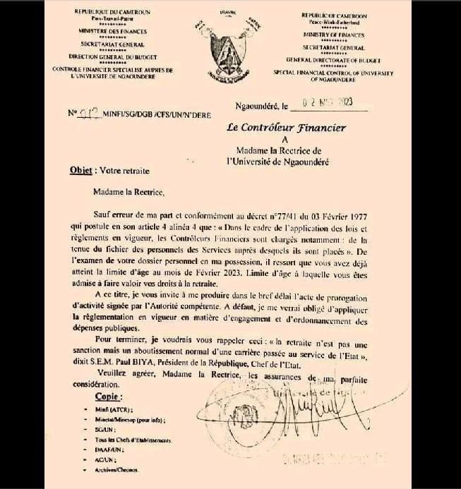 Cameroun : Un contrôleur financier envoie la rectrice de l'université de Ngaounderé à la retraite forcée 2 retraite forcee