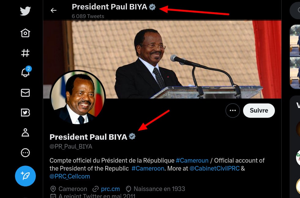 Enfin Certifié! Le Compte Twitter du Président Paul Biya Validé avec un Badge Gris
