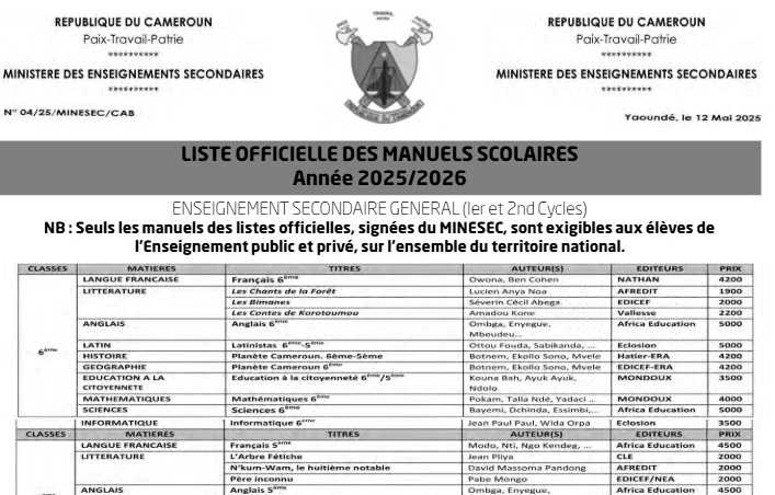 MANUELS SCOLAIRES 2025 2026